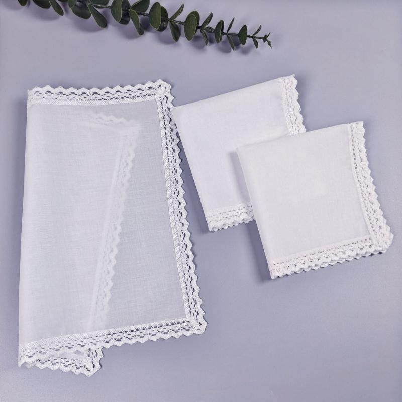 3 Piece Wedding Crochet Lace Edge Handkerchief Set For Bridal Party DIY Gift Cotton Personalizing Keepsakes Hanky