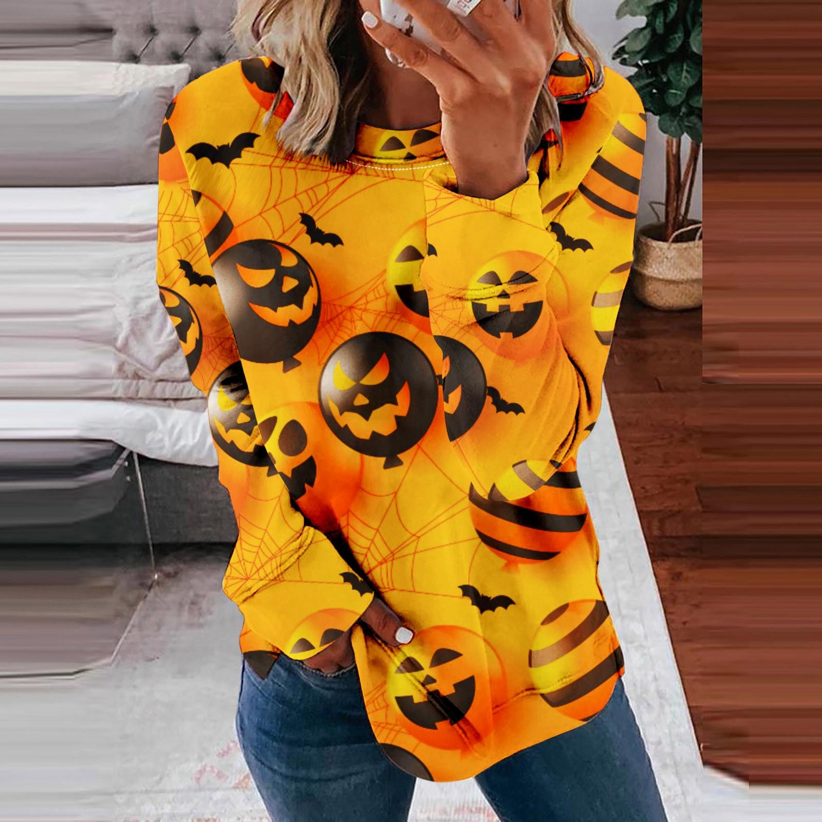 

Женский повседневный модный пуловер с круглым вырезом и длинным рукавом с принтом Хэллоуина 2022 года S жёлтый