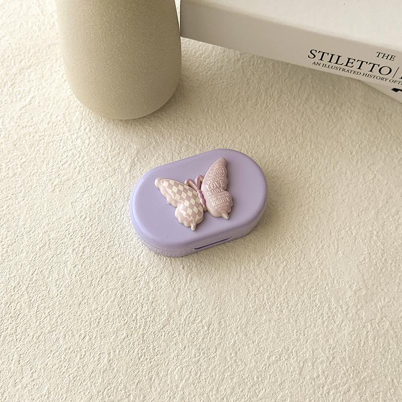 Bonbonfarbene Kontaktlinsenbox Niedliche Schleife Tragbarer Kontaktlinsenbehälter mit Pinzette Saugstab Set für Reise-Kit-Halter