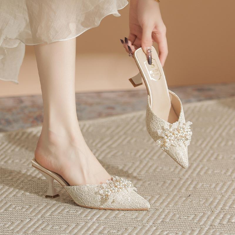 Strassschleife spitze Zehenpartie dünner Absatz hoher Absatz Einzelne Schuhe Damen flacher Ausschnitt keine müden Füße Sommer neu hinten offen Sandalen Damen