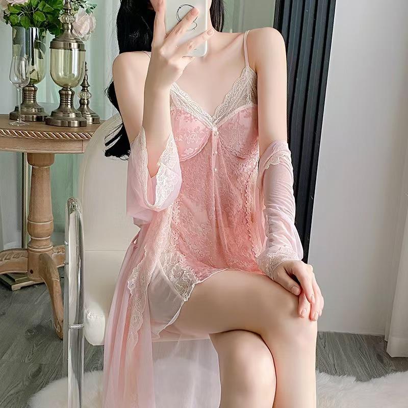 Sexy pajamas women's burnt golden velvet new suspender nightdress pure desire wind integrated chest pad beautiful back lace loungewear
