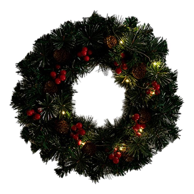 Holiday Pinecones Berries Christmas Wreath with Warm LED Lighting 40cm Diameter for Front Door Indoor and Outdoor Decors