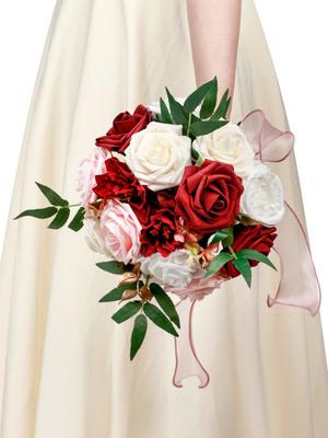 Artificial Flower Roses Wedding Bouquet for Bride Bouquet with Ribbon Fake Flowers Silk Roses Bridal Bouquet Bridesmaid Bouquet for Wedding Decoration