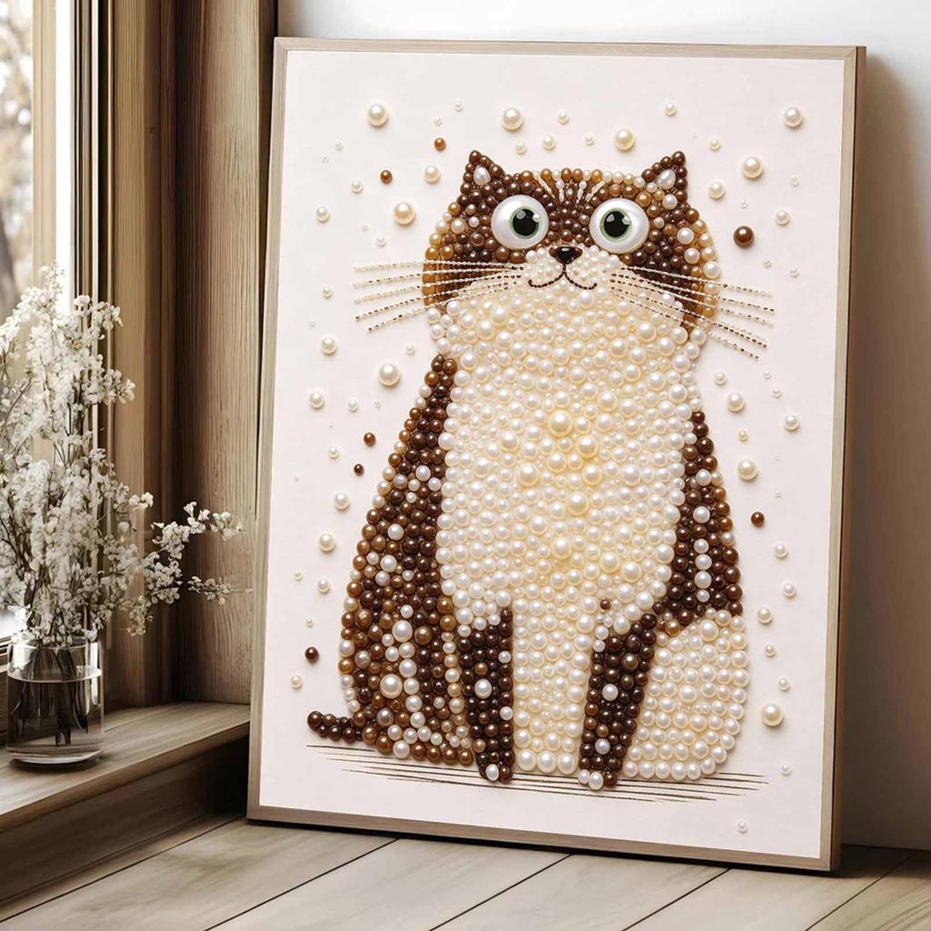 Cute Brown Cat Pearl Bead Painting Kit with Frame Sparkling Canvas Art Romantic Bedroom Decor Gift for Adults Home Wall Decor