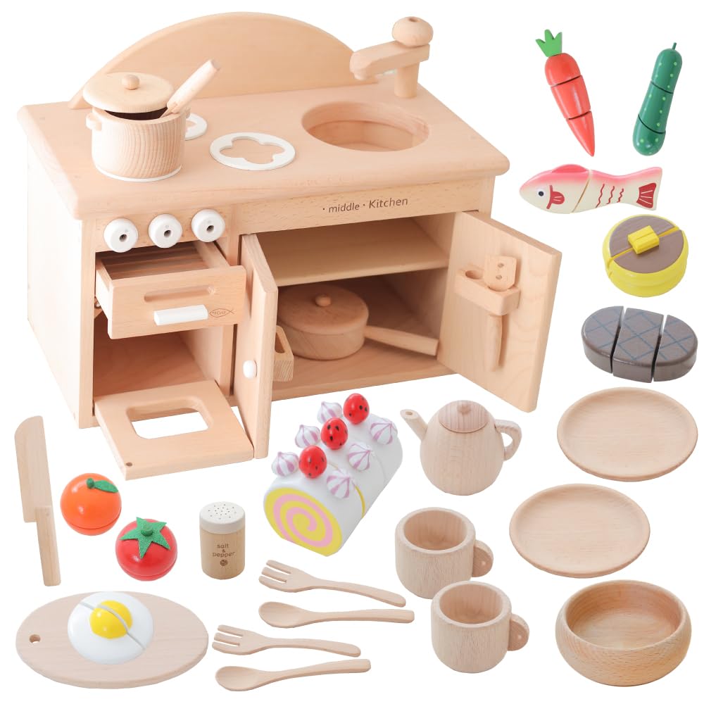 Daiwa Wooden Toy Middle Kitchen Pretend Play Special Set Wooden Toy Kitchen Pretend Play Wooden Pretend Play Set (White) - Set, Kitchen, Food, Set,