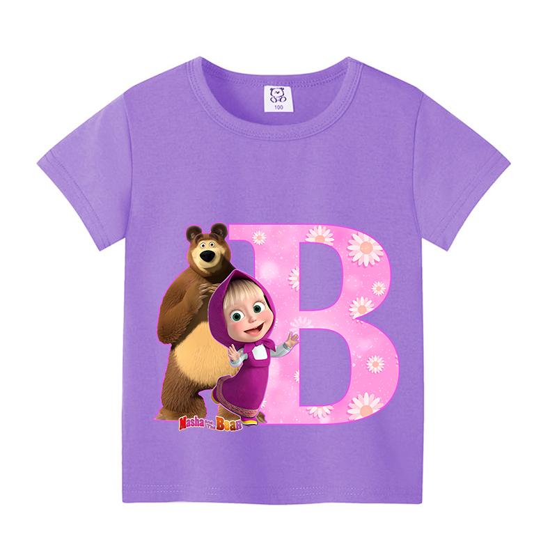 Mashas and The Bear Summer T-shirt Girl Children Tops Cute Cartoon Letters A-Z Print Clothing Short Sleeve Kids Casual Clothes