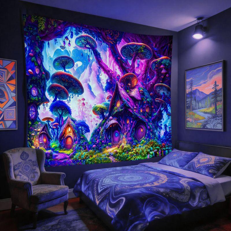 Blacklight Fantasy Tapestry Wall Hanging for Bedroom Gaming Room Party UV Reactive Psychedelic Decor