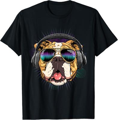 Music Bulldog DJ Headphones Graphic Tee Men Casual Cotton Short Sleeve T-Shirt
