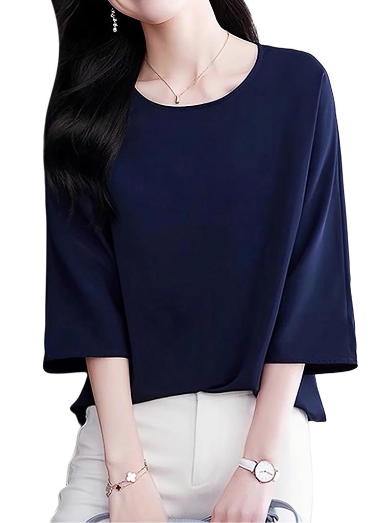 Blouse for Loose Summer Business [Lalapala] Women, 3/4 Sleeve, Summer, Chiffon, Top, Fit, Simple, Thin, Silky, Pullover, Suit, Innerwear, Silky,