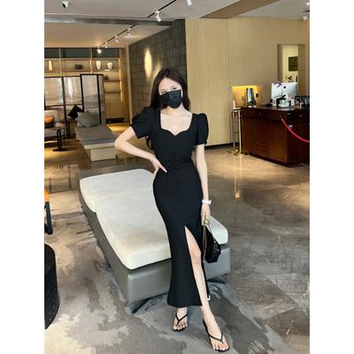 V-neck Drawstring Split Short-sleeved Dress, Women's Summer Temperament, Slim and Thin, Small Person Over the Knee, Hip-wrapped Dress