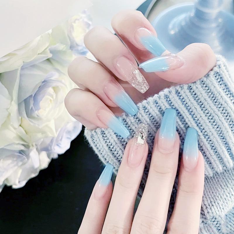 

Haze Blue Gradient Glitter Ballerina Press-On Nails with Art Tips Glue Kit