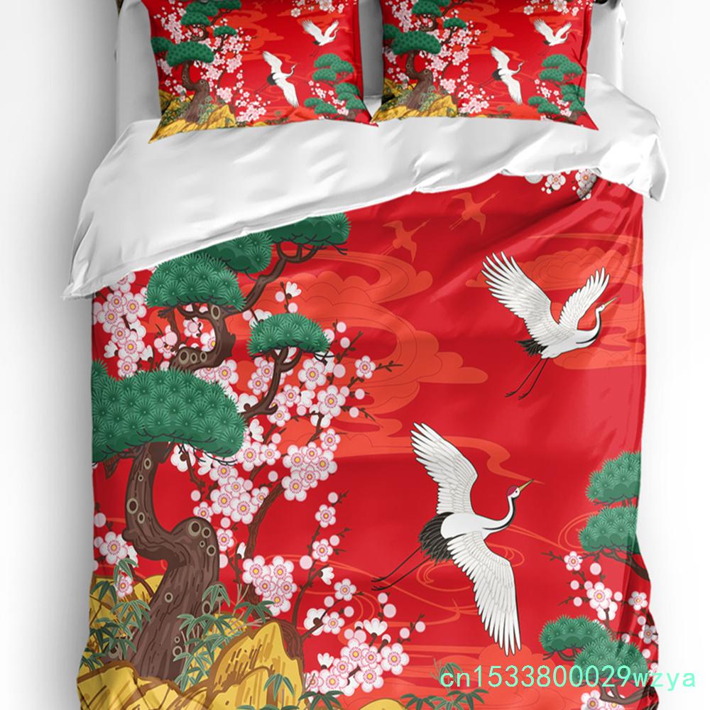 Bettwäscheset im japanischen Stil mit Sakura-Kirschblüten und rosa Blumen, 3-teilig, für Doppelbett, Heimtextilien, Bettbezug, Bettbezug, Kissenbezug