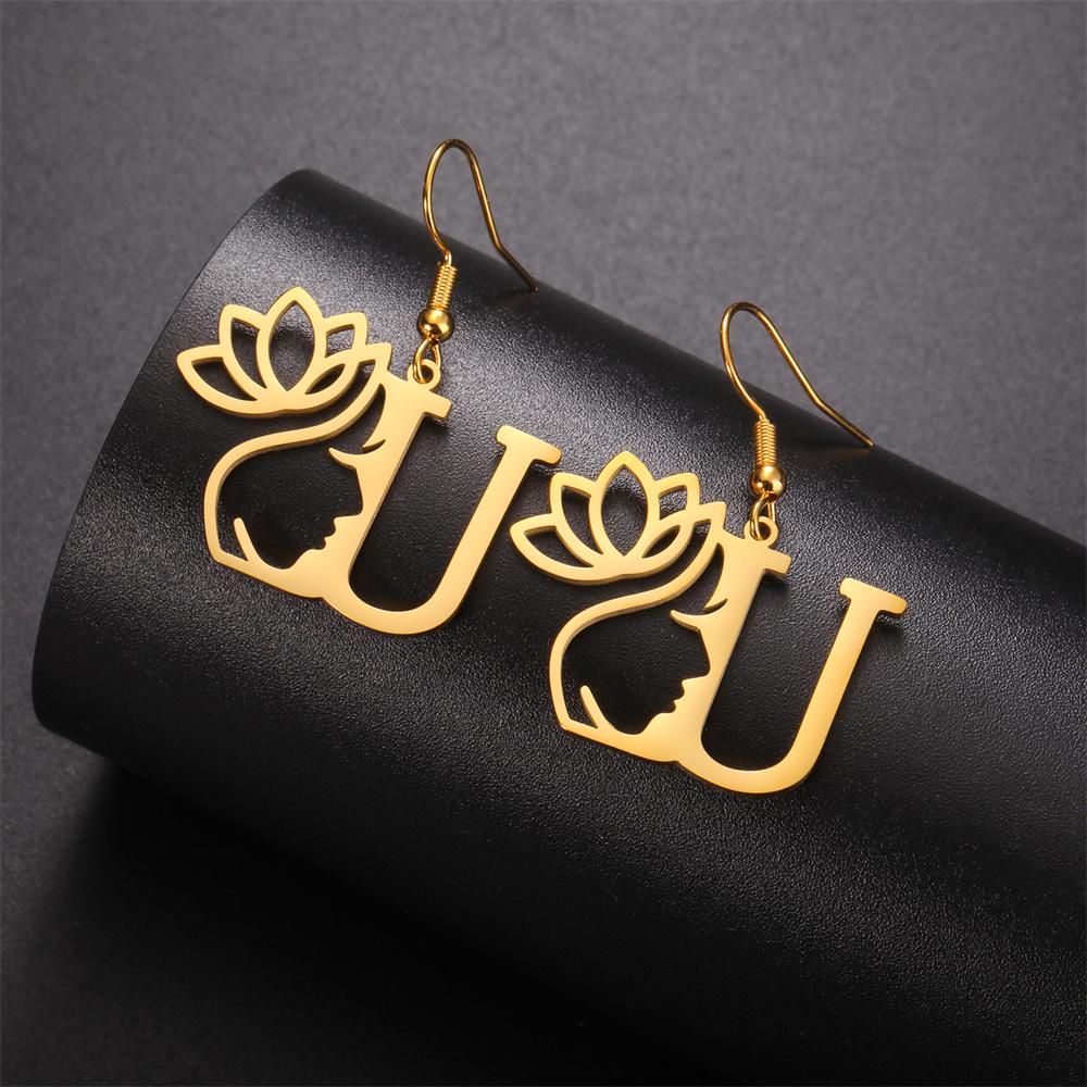 My Shape Beauty Flower Letter Drop Earrings for Women A-Z Alphabet Initials Lotus Stainless Steel Fashion Jewelry Kids Female