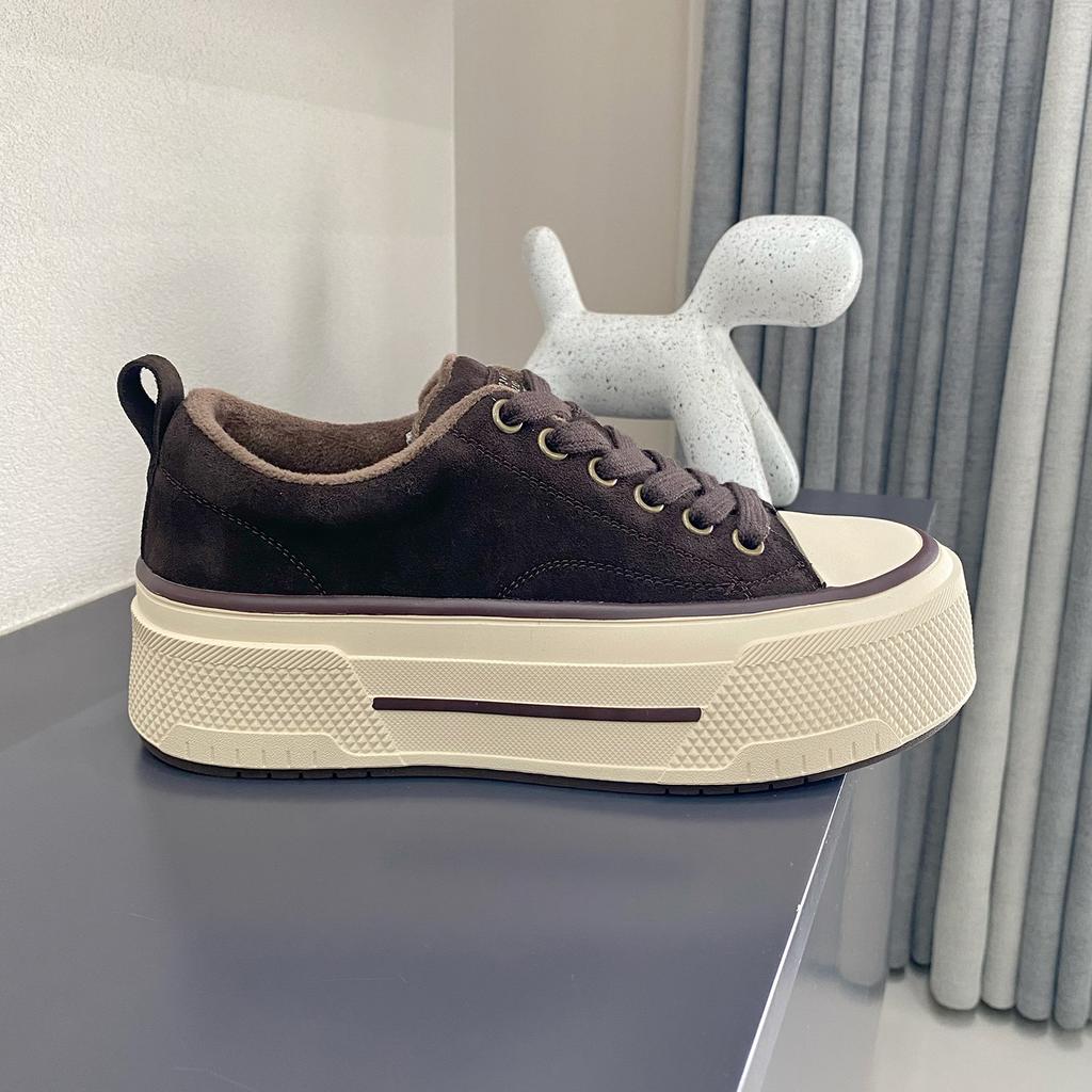 Leder Muffins Schuhe Damen Plateau Samt Herbst und Winter Retro Schnürung atmungsaktiv lässig höhenverstellbare Sohle Baumwollschuhe Trend