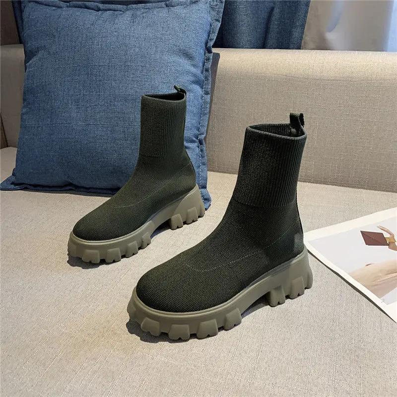 Mode Damen Kurze Schuhe Elegant Mit Mittelhohen Absätzen Klobige Stiefeletten Socke Koreanischer Stil Hohe Qualität Schick New Rock Stiefeletten für Damen