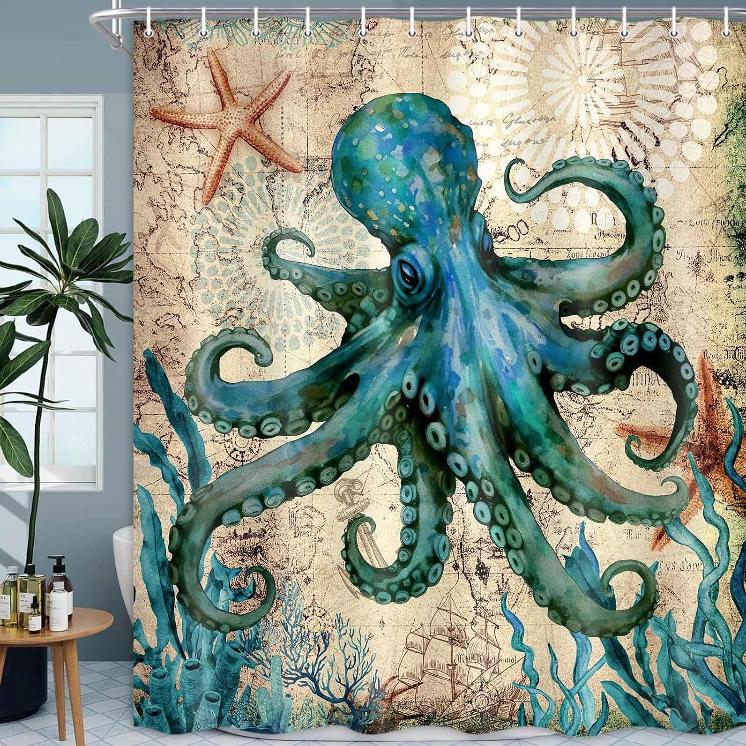 

Vintage Nautical Octopus Shower Curtain Funny Ocean Beach Coastal Decorative Shower Curtains For Bathroom Waterproof W60H190(CM)-1 Pcs