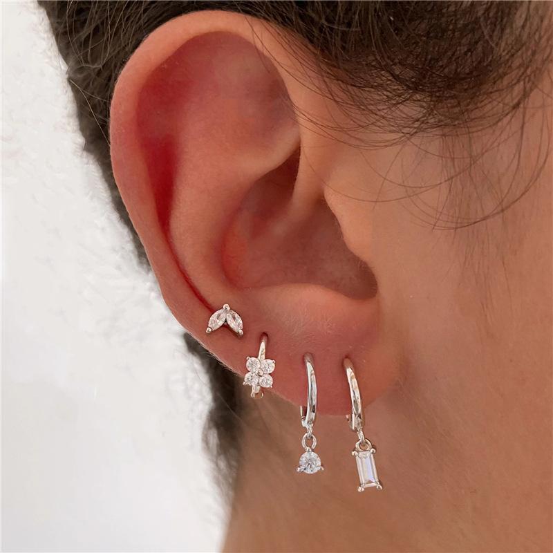 Geometric Horse Eye Flower Zircon Temperament Stacking Four-Piece Set Earrings Stud Earrings Pendant 4-Piece Set Earrings Set