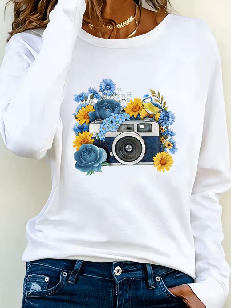 (Asian Size) Tee Lady Printed  Female Watercolor Flower Trend Clothing Women T Shirt Casual Fashion Top Long Sleeve  Graphic T-shirts