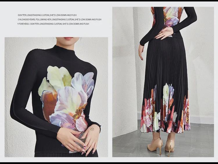 Women's Pleated Floral Two-Piece: Stand Collar Long Sleeve T-Shirt and Skirt