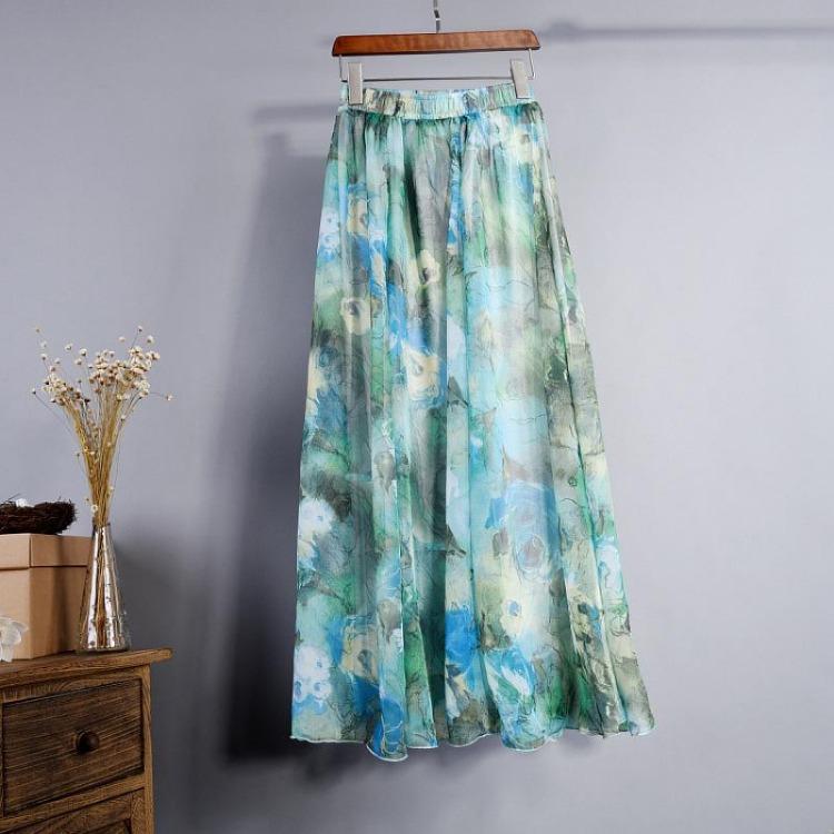Bohemian Long Skirt Summer Retro Beach Skirt European and American New Style Printed Chiffon Skirt