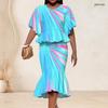 Women Plus Size Two Piece Set Round Neck Batwing Sleeve Ruffle Hem Top Fishtail Skirt Skull Rose Printed Black Teal