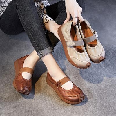 Chaussures à enfiler rétro en cuir véritable à semelle souple Chaussures plates décontractées en cuir de vache souple pour femmes