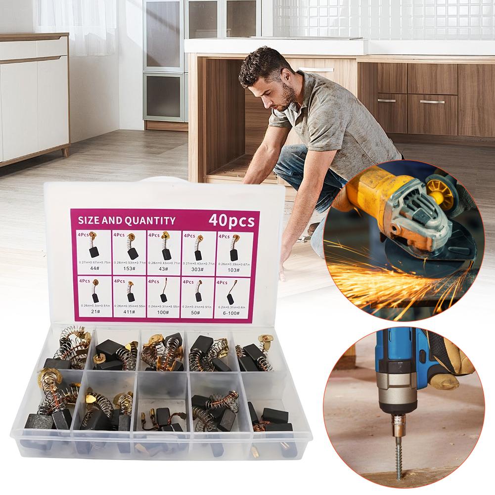 40 Pcs Electric Motor Carbon Brushes Set with 10 Sizes for Replacement Repair Power Tool Part