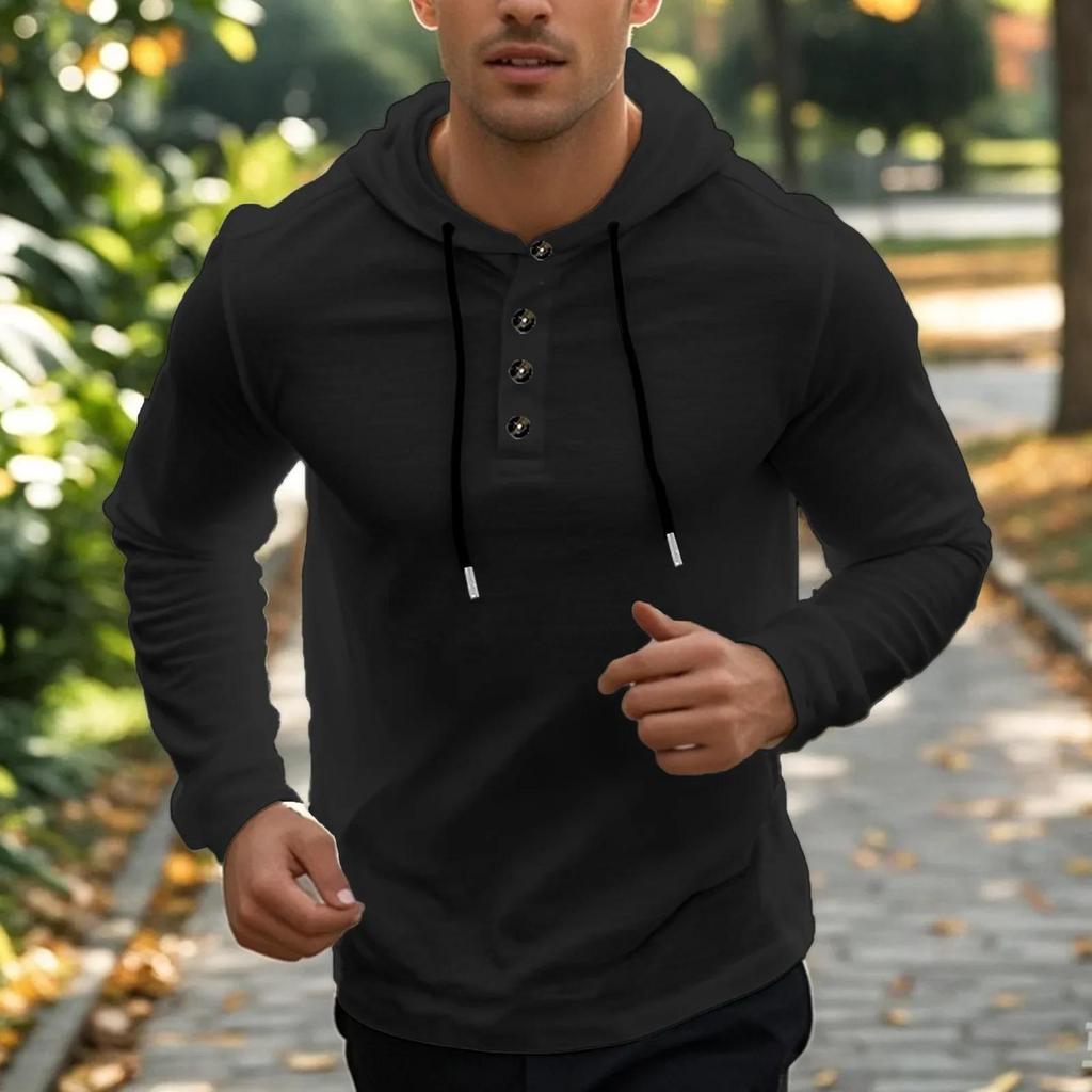T-shirt con cappuccio da uomo Primavera Estate Lino tinta unita Casual Bottoni Manica lunga Sottile T-shirt Uomo