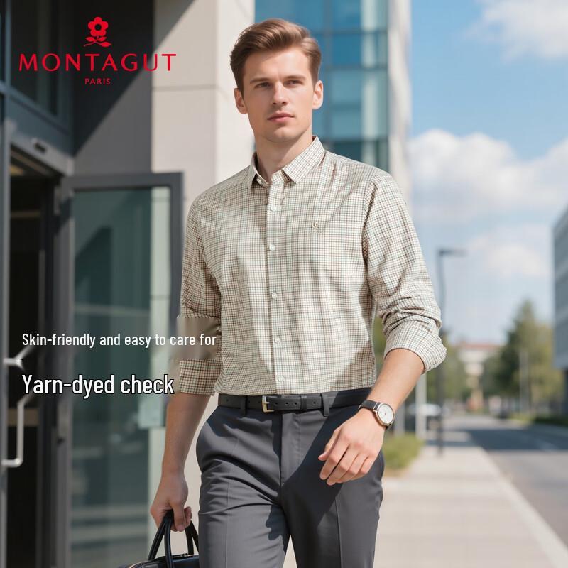 

MONTAGUT Men s Anti-Wrinkle Non-Iron Plaid Long-Sleeve Shirt 56