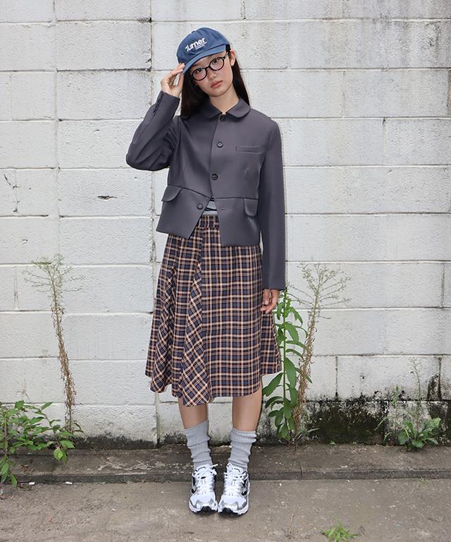 RONRON Check Flare Banding Midi Skirt Brown