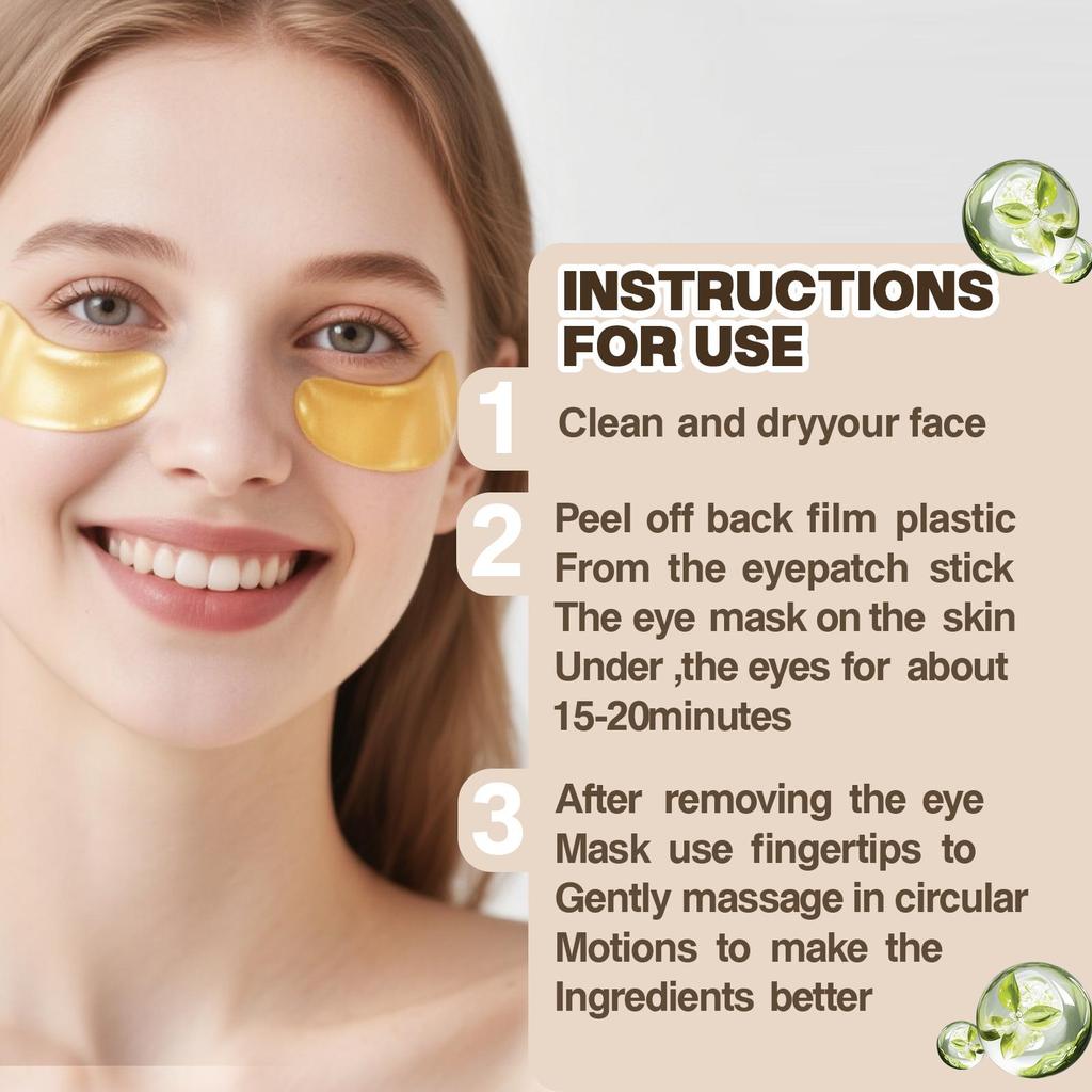 24K Gold Eye Mask & Green Collagen Gel Under Eye Mask, Hyaluronic Acid Eye Patches For Dark Circles, Fine Lines, Puffiness, Lift and Firm-60 Pcs