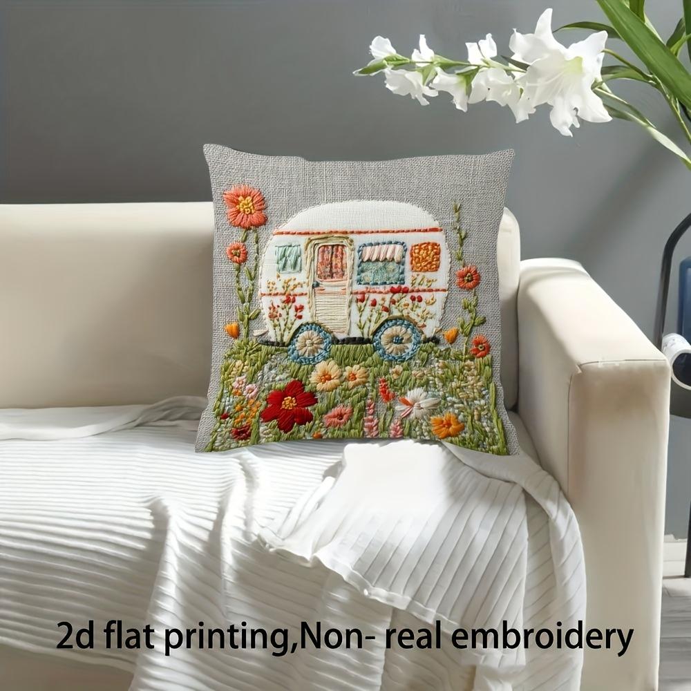 Vintage Camper Van Wildflower Pillow Cover 2D Faux Embroidery Print Cushion Case Boho Camping Home Decor Gift