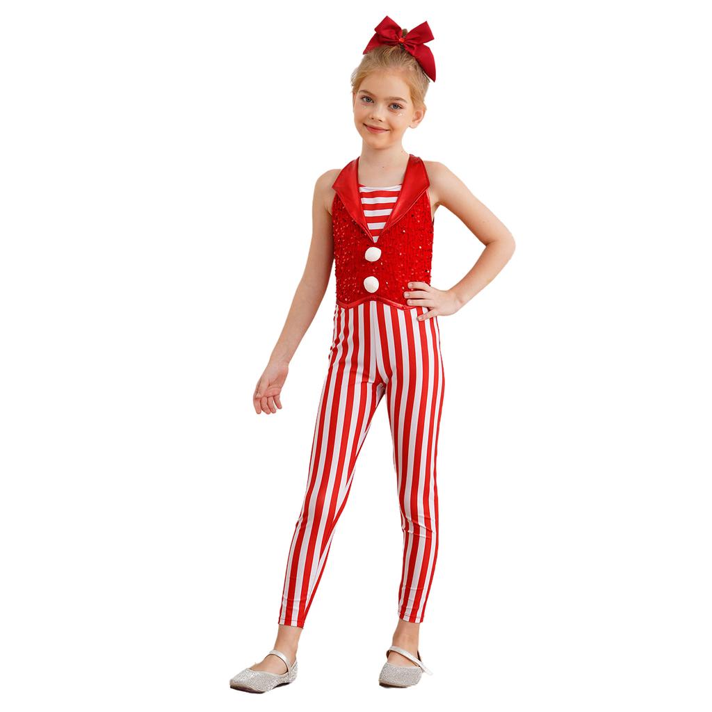 Girls Christmas Costume Sleeveless Striped Sequins Bodysuit Dance Gymnastics Jumpsuit Candy Cane