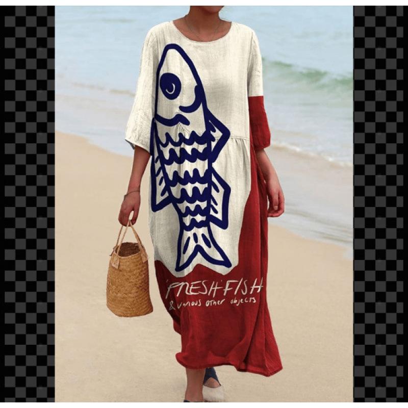 Women's Round Neck 3/4 Sleeve Midi Dress Casual Loose Solid Color Beach Vacation Long Dress