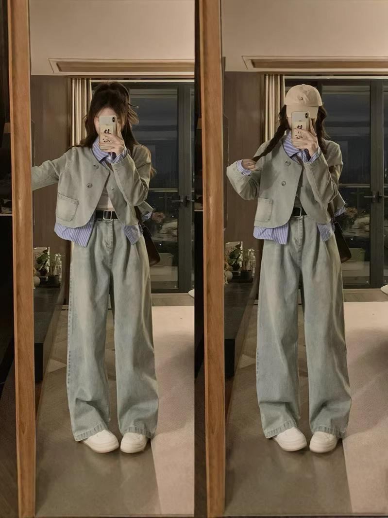 

Plus Size Women s Striped Patchwork Denim Jacket & Slimming Long Pants Set XL