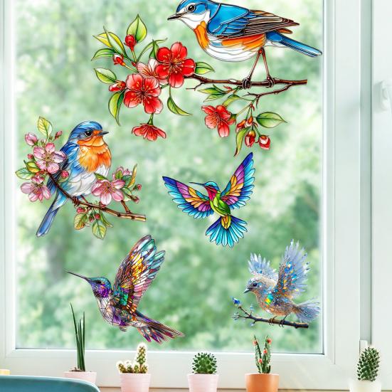 Adesivi Decorativi per Finestre Ramo d'Albero Uccello Stile Vetro Colorato Colibrì su Ramo Floreale Anti-Collisione per Casa Scuola
