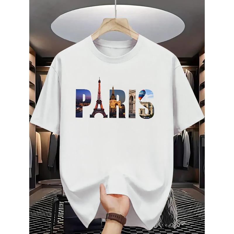European Sizes Men's Summer Casual Short Sleeve T-Shirt with Parisian Landmarks Graphic Print - Eiffel Tower & Notre-Dame Design