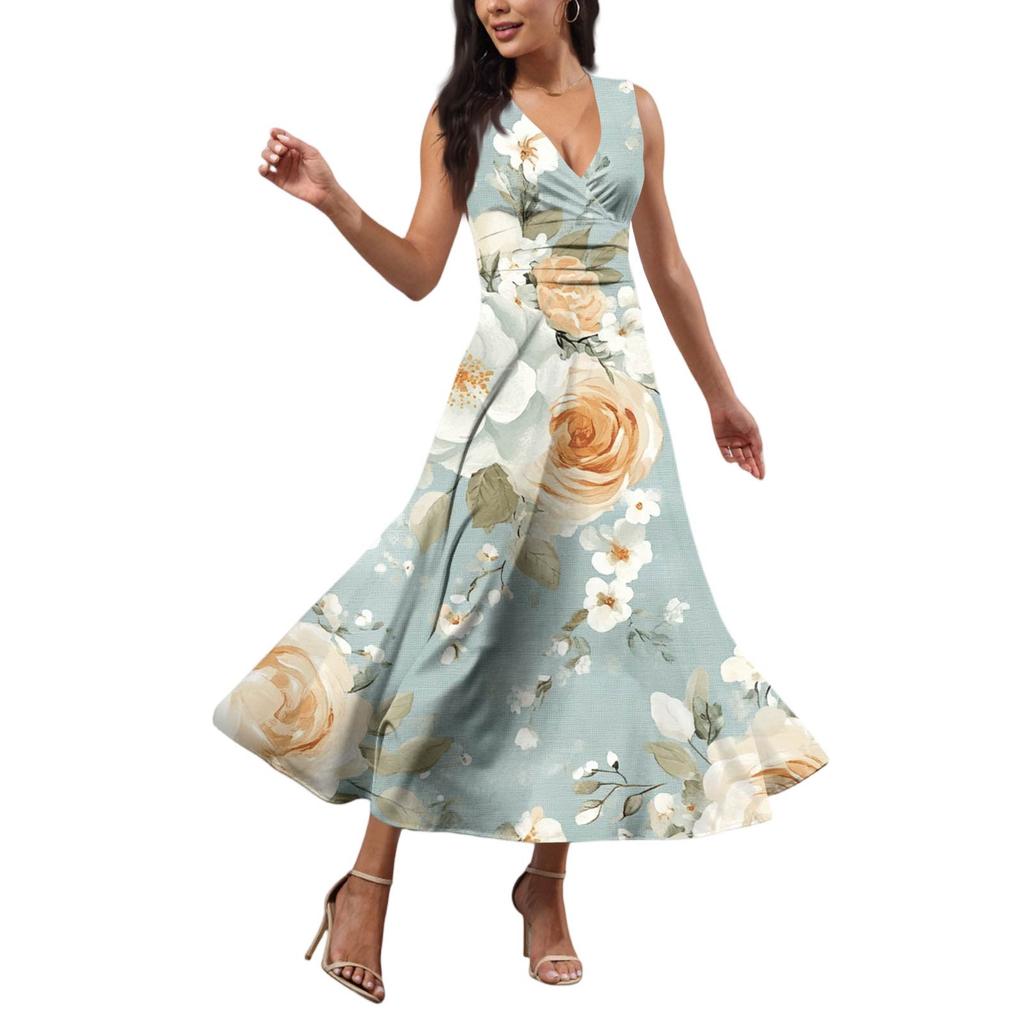 Mote dame avslappet løs V-hals ermeløs trykt kjole