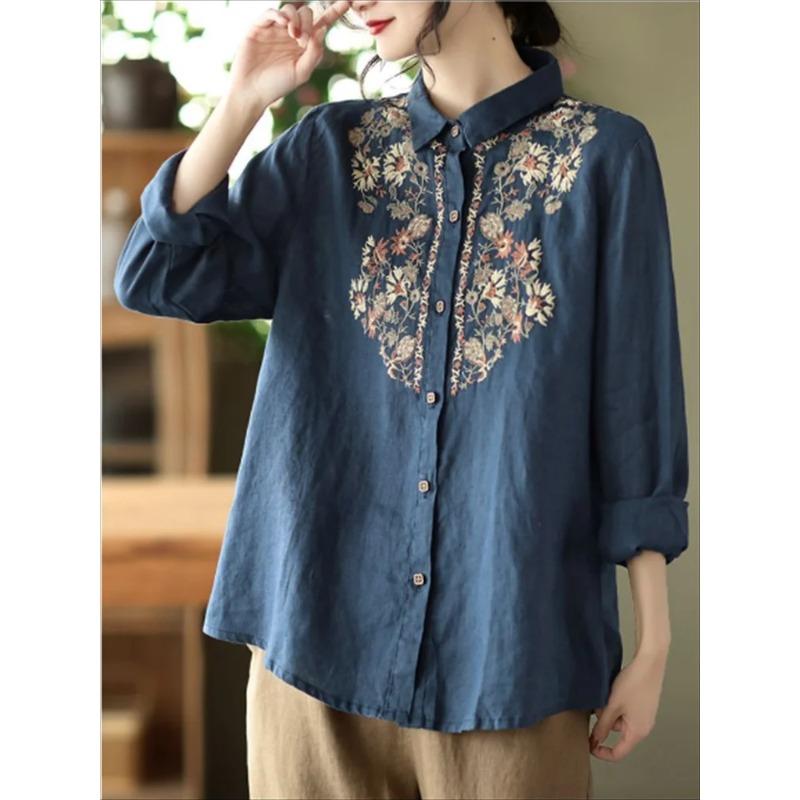 Retro Blouses Women National Shirt Linen Shirt Loose Embroidered Blous Laple Long Sleeve Cardigan Shirts