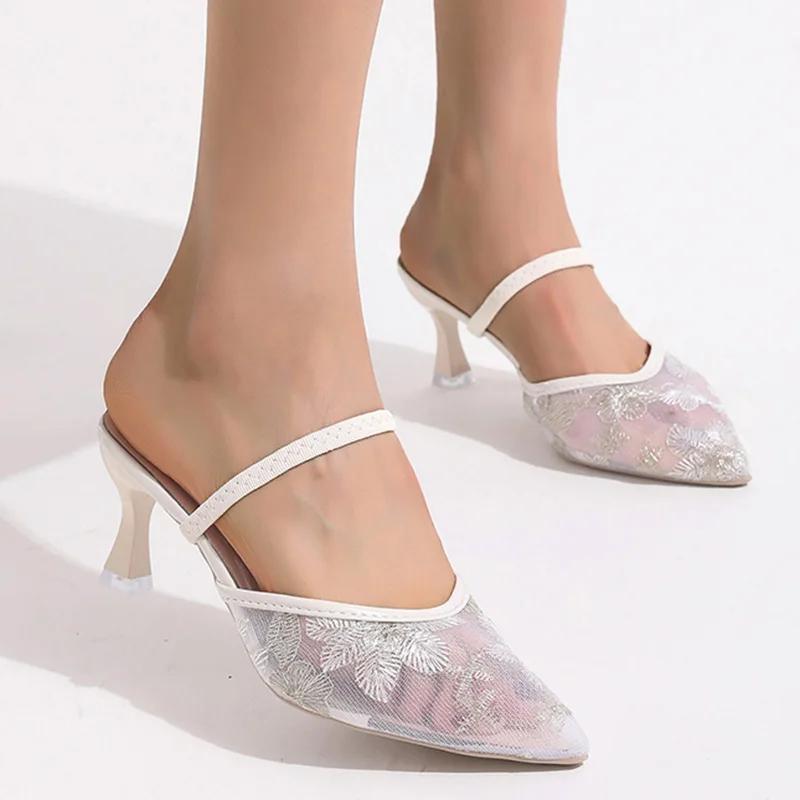 Fashion Elegant Floral High Heels Sandals for Women Plus Size Mesh Breathable Pointed Toe Slippers Summer Light Thin Heeled Shoes