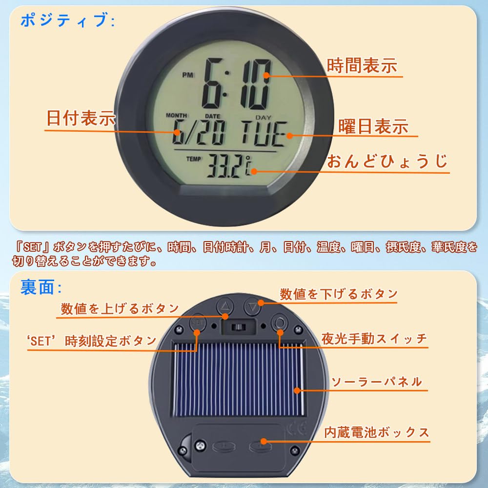 KASELIN Solar Car Clock 4 In 1 Multifunctional Time/Date/Day/Temperature Display