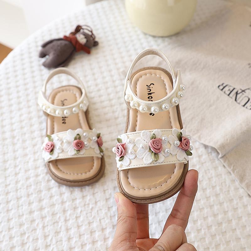 Girls' Sandals Pearl Flowers Princess Sweet Non-Slip Soft Breathable Comfortable Children'S Beach Shoes Summer Sandals