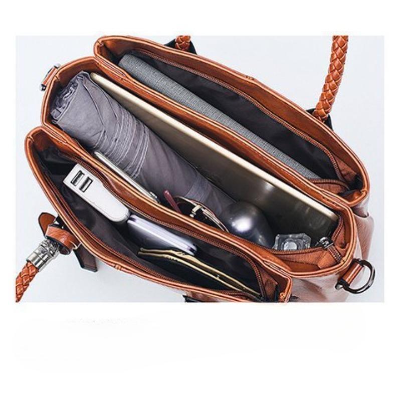 Vintage Braided Handle Leather Satchel Bag for Women - Large Capacity Crossbody Tote