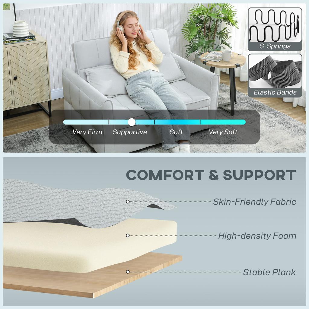 2 Seater Sofa Bed, 3-in-1 Convertible Sleeper Sofa with Click-clack Adjustable Backrest and 2 Pillows, Light Grey