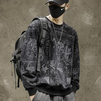 Comic Printed Sweater Men'S Loose Crew Neck Trendy Brand Autumn And Winter Fleece Large Size Hatless Top Men'S Long Sleeves
