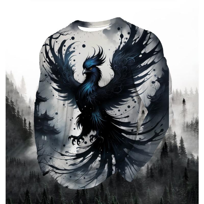 Herremote Trykket Rund Hals Langermet Fest Høst Sport Fritid Pullover Menn 3D Flygende Ørn Trykket Løs Sportstopp