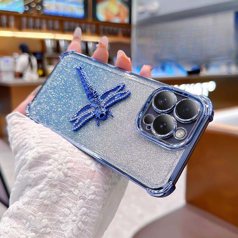 

Applicable To Apple 16 Mobile Phone Case Gradient Glitter Dragonfly Bracket IPhone 15 Four Corner Electroplating Anti-fall Cover 14 iPhone SE 2020
