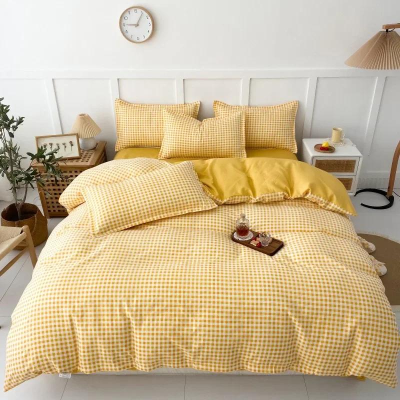 

Японский однотонный гипоаллергенный хлопковый матовый комплект из четырех предметов, клетчатый однотонный стиранный хлопковый комплект из трех предметов для одного человека 1.5m four piece set жёлтый