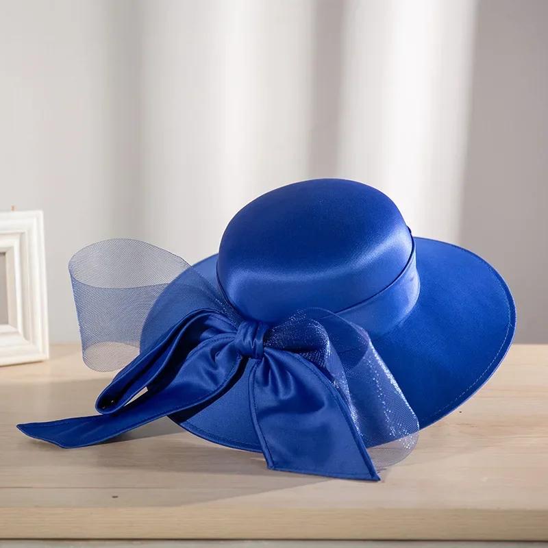 Dámský klobouk se saténovou mašlí ve francouzském stylu - Elegantní svatební fedora a sluneční klobouk pro banket, svatební večírek
