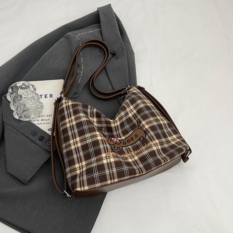 Large Capacity Backpack Women's Commuter Bag Plaid Tote Bag Cartoon Dog Shoulder Bag